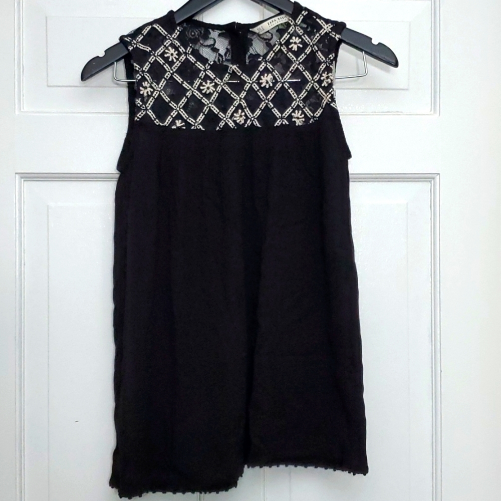 ZARA basic black peasant top, button-up back, lacy, S